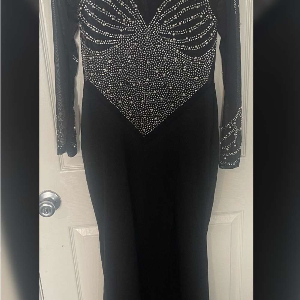 Black Embellished Long Sleeve V-Neck Gown - Picture 2 of 4